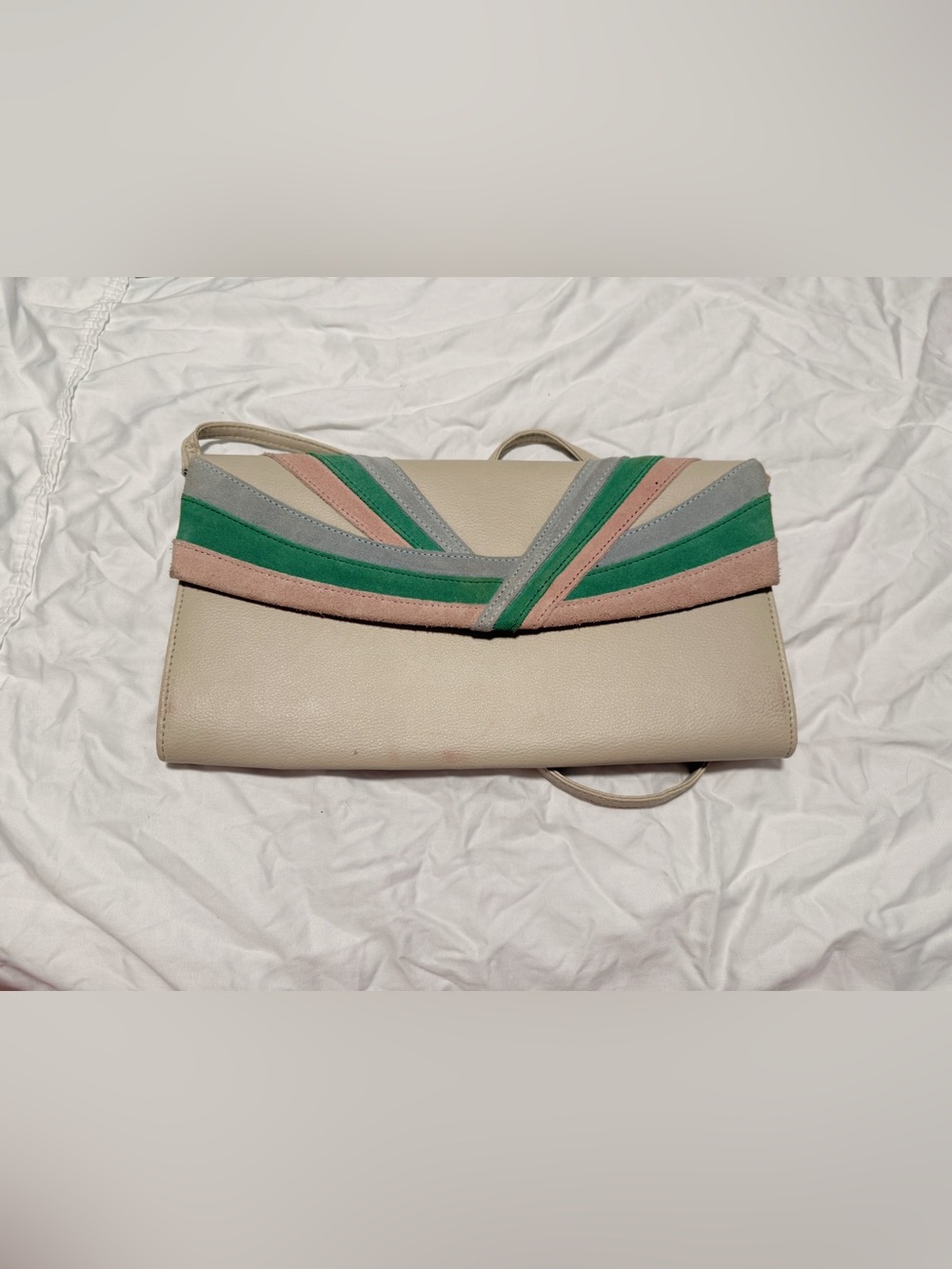 Neutral Leather Crossbody Clutch with Green & Pink Accent